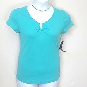 T shirt short sleeve v neck Rafaella medium 100% cotton Light turquoise blue